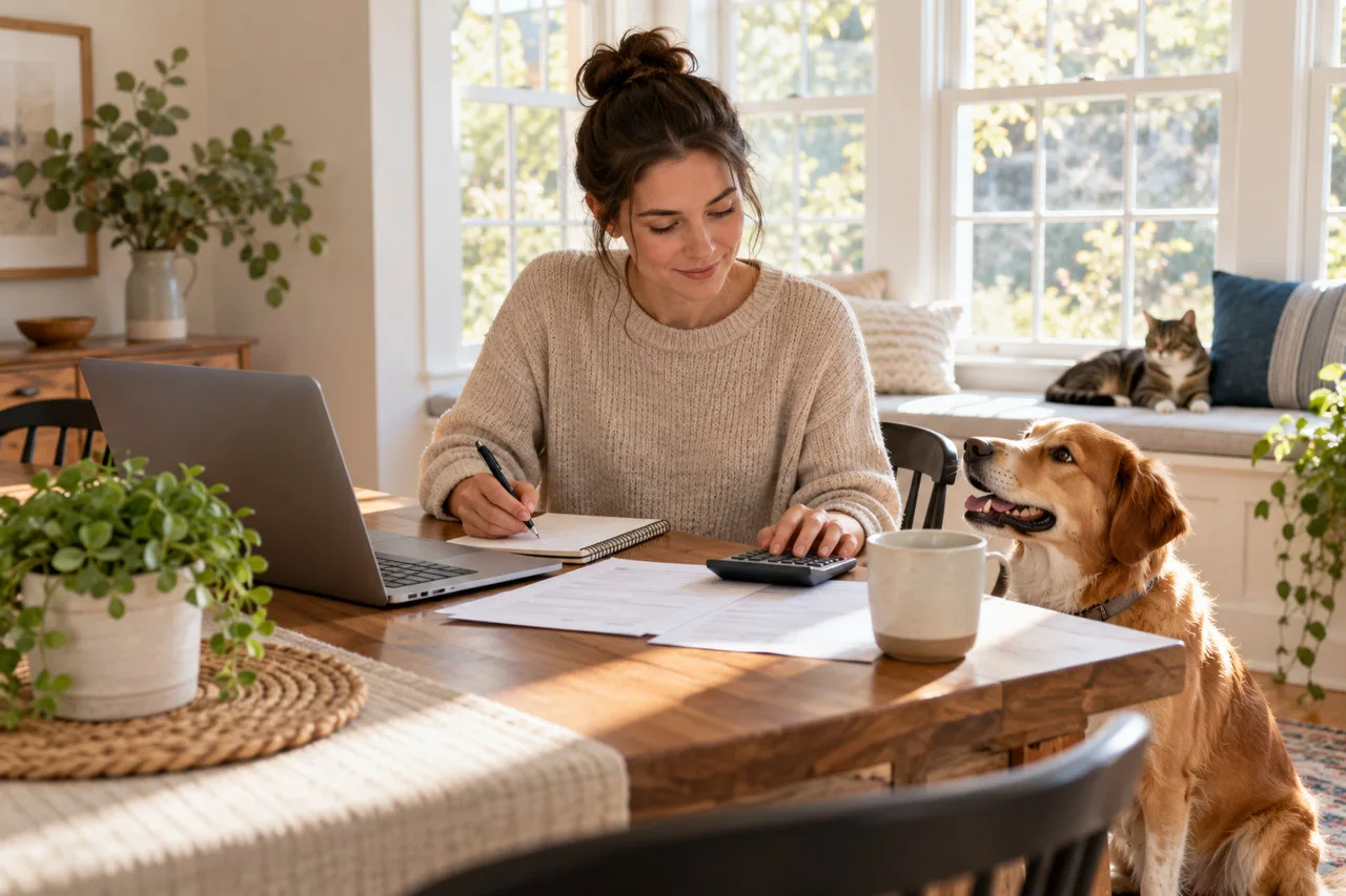 Owner reviewing paperwork at home beside a dog and cat
